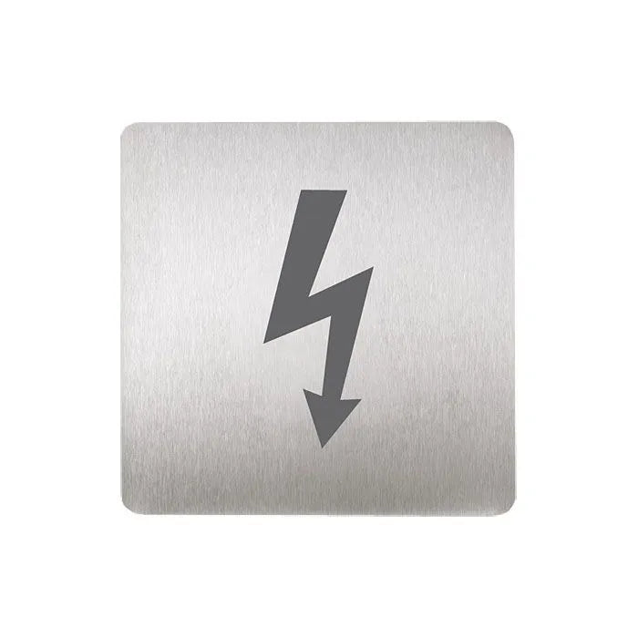 Piktogramm Elektrische Geräte auf quadratischer Edelstahlplatte mit schwarzem Blitzpfeil nach unten als Stromsymbol