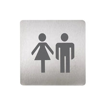 Piktogramm Damen- und Herren-Toilette auf quadratischer Metallplatte, zwei stilisierte Figuren Frau mit Kleid, Mann daneben