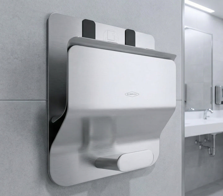 Edelstahl Handtuchspender Bobrick an grauer Badezimmerwand, vorne Hebel, im Hintergrund Waschbecken mit Spiegel und Armaturen