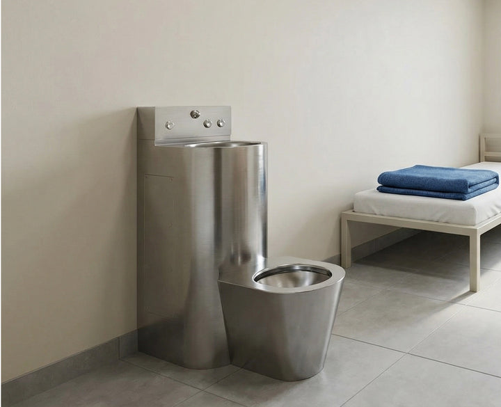 Edelstahl-Kombination aus Toilette und Waschbecken neben schmalem Bett mit weißer Matratze und zwei gefalteten blauen Decken