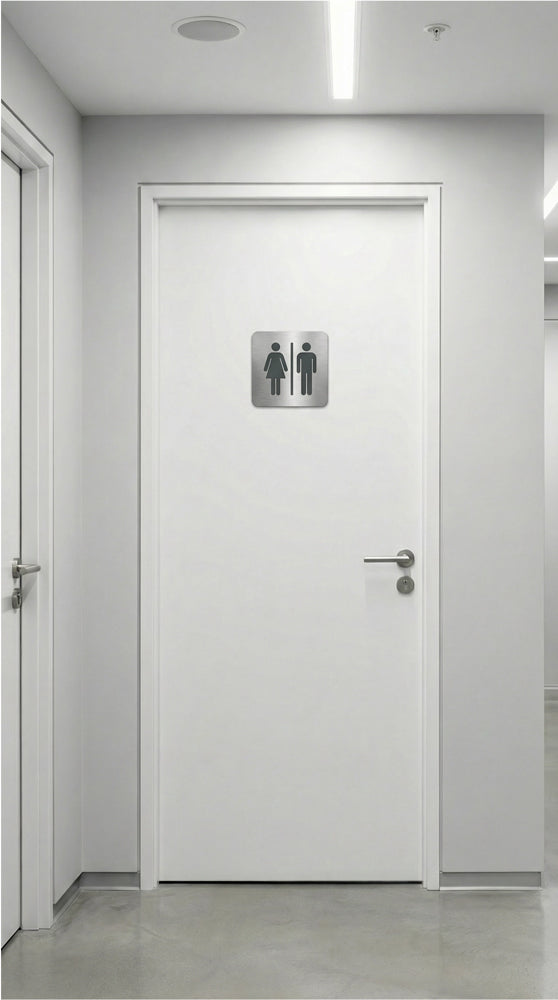 Weiße Innentür im Flur mit Edelstahlschild Toilette, Piktogramm Frau und Mann mittig, rechts Türgriff aus Metall