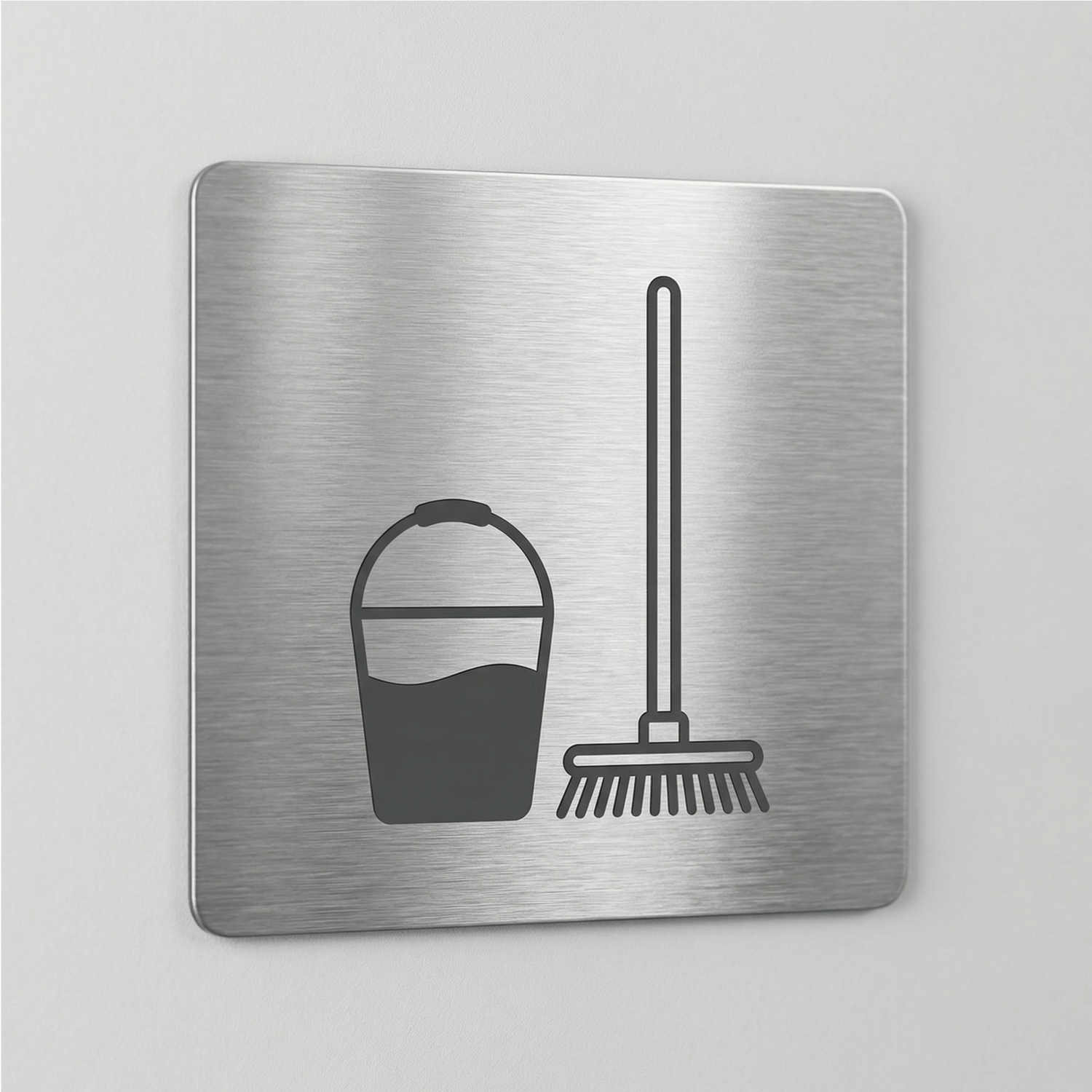Metallschild mit Putzraum Symbol, schwarzes Icon Eimer mit Wasser neben Wischmopp, matte gebürstete Edelstahloberfläche