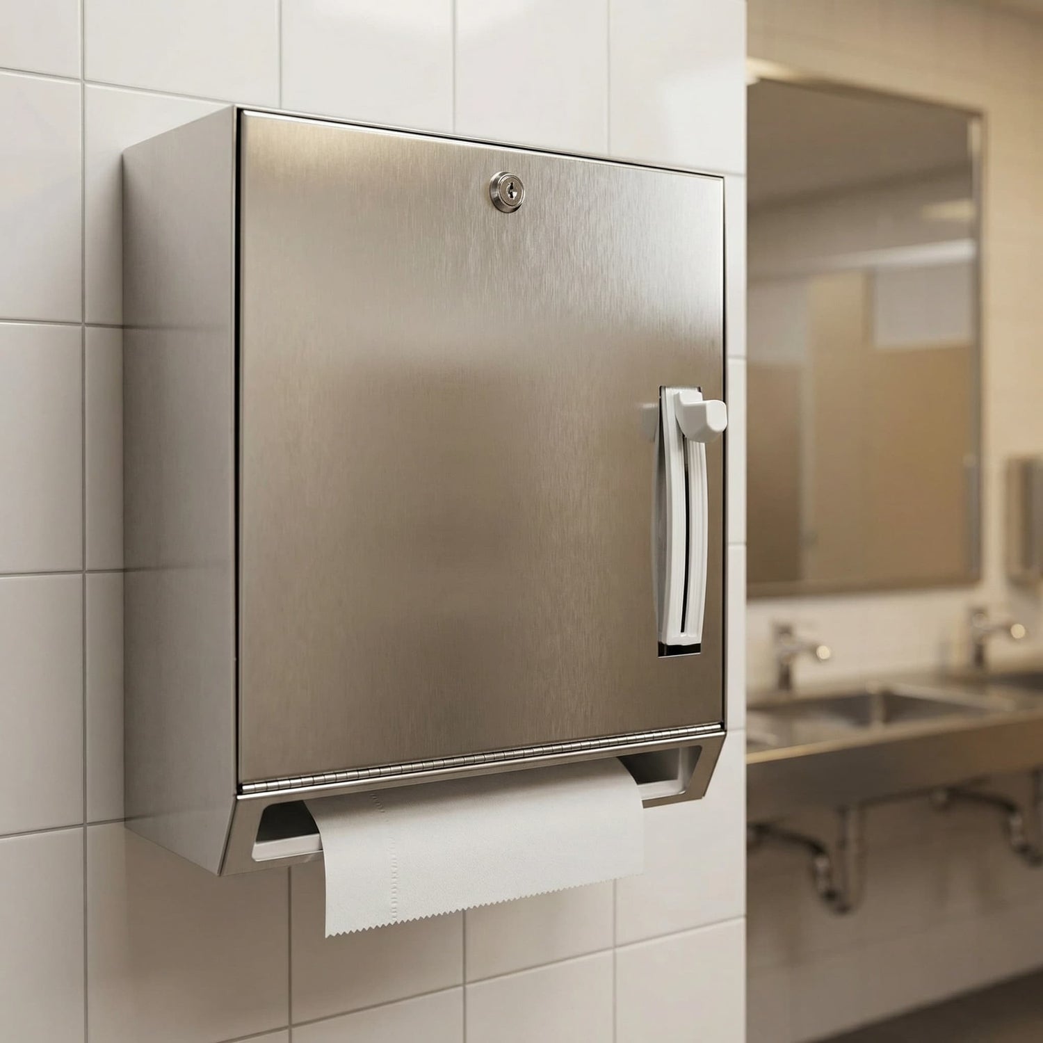 Rollenhandtuchspender schwarz an Wand im Waschraum