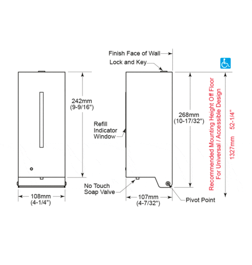 Foam soap dispenser Bobrick stainless steel technical drawing