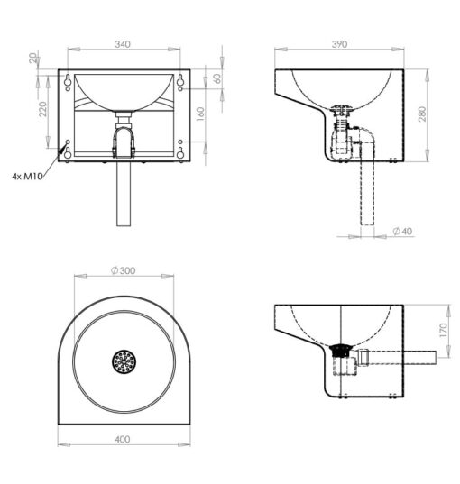 Waschbecken Edelstahl verdeckter Siphon Zeichnung