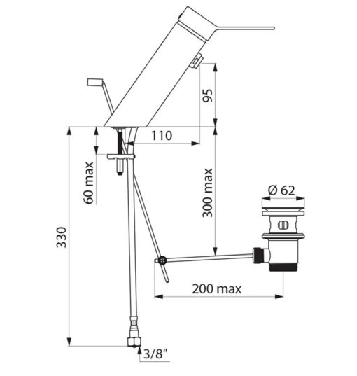 Rubinetto per lavabo con scarico in acciaio inox cromato Disegno