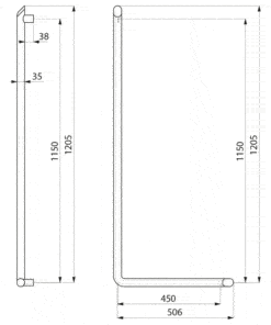 Handrail L-shape Aluminium white 1130mm Delabie Drawing