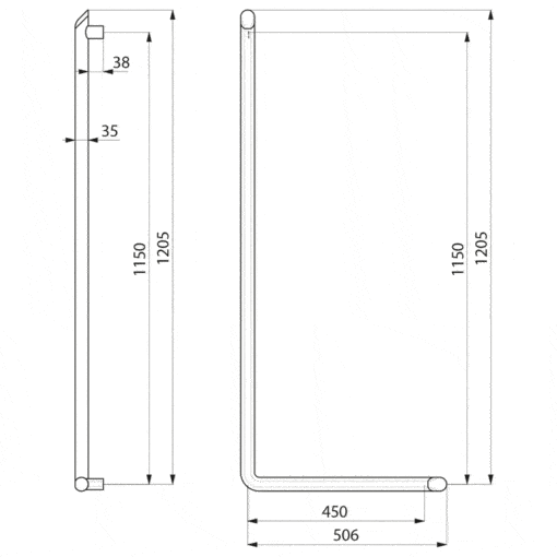 Handrail L-shape Aluminium white 1130mm Delabie Drawing