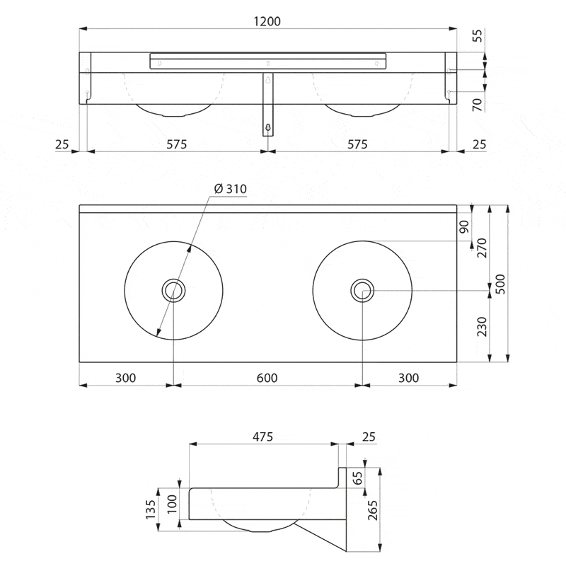 Row/double washbasin for wall mounting, satin stainless steel, without tap hole, ADL-120390.2