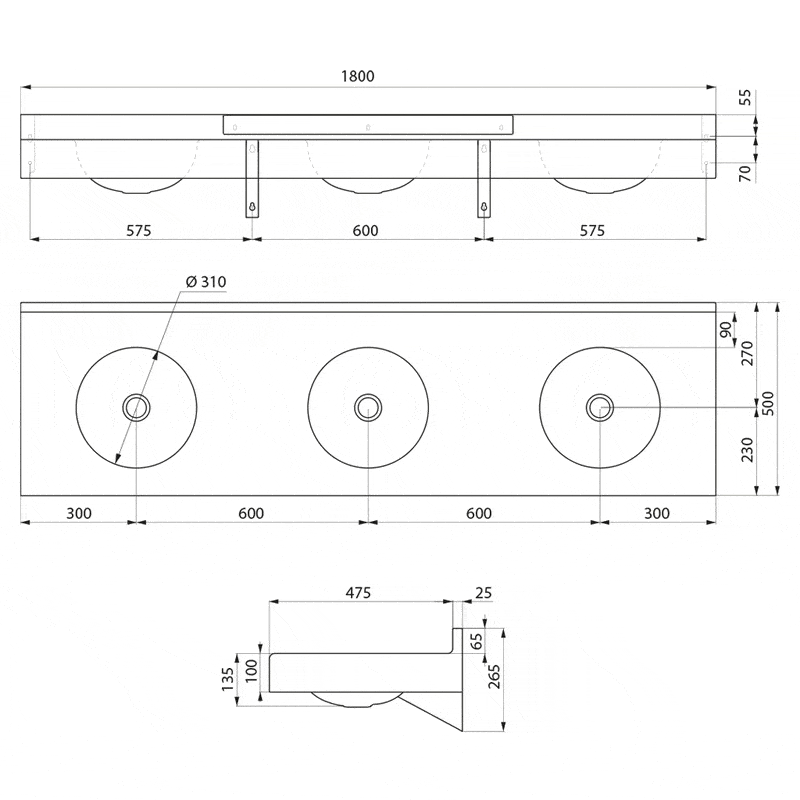 Lavabo da appoggio TRIPLO per montaggio a parete, acciaio inox satinato, senza foro per rubinetto, ADL-120750.2