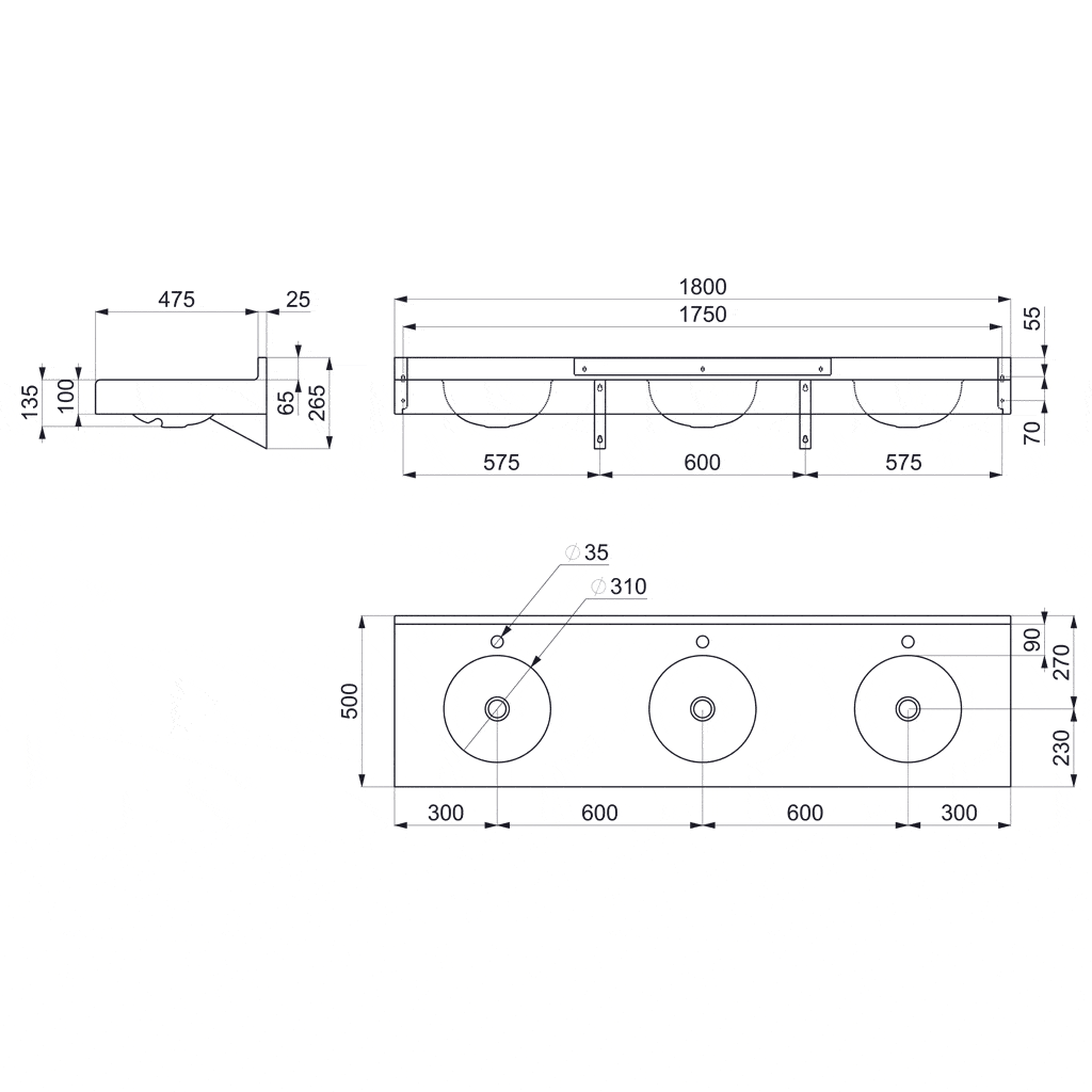 Linear washbasin TRIPLO for wall mounting, satin stainless steel, with tap hole, ADL-121750