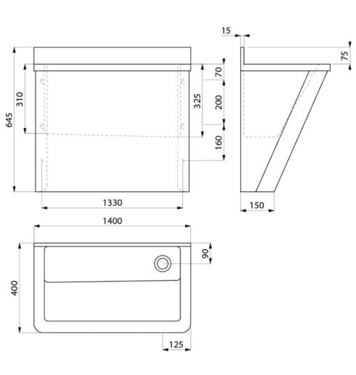 OP Gouttière de lavage sans paroi arrière 1400 mm Delabie dessin