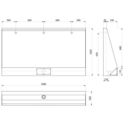 Urinal channel LP, w. 1800 mm, floor standing, satin stainless steel, ADL-130320 Drawing