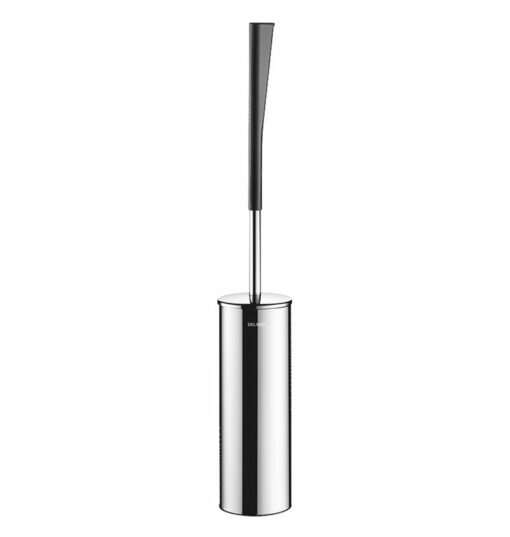 Ensemble brosse WC avec couvercle et long manche, au sol, inox poli brillant