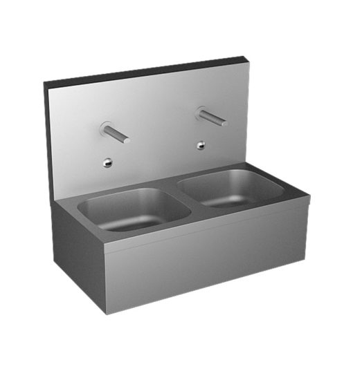 Doppio lavello con elettronica integrata e termostato, con pannello posteriore, a batteria, acciaio inox, sospeso, ASA-SLUN-07ETB