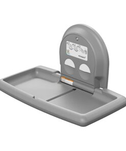 table à langer murale pliable couleur blanc granit avec Fournier inox horziontal pliable sur le côté gris plastique ouvert