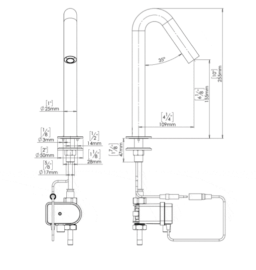 Benkiser Sintra touchless basin valve with mains adapter Drawing