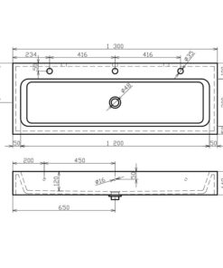 KITA-Washing trough Mineralcast white 1 Drain Drawing