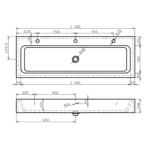 KITA-Washing trough Mineralcast white 1 Drain Drawing