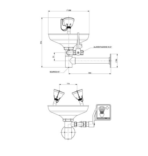 Emergency eye shower for wall mounting TOF Drawing