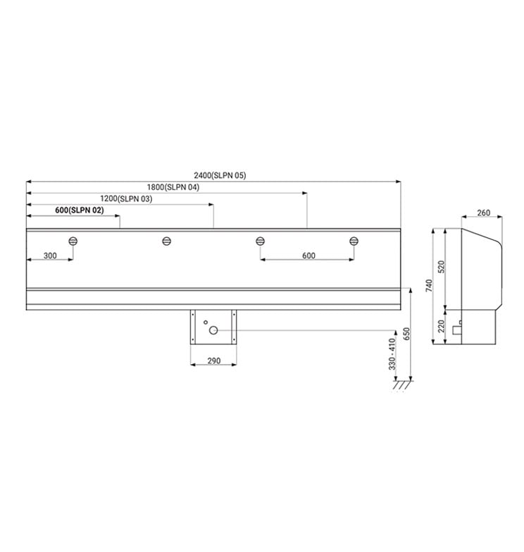 Wandmontierte Urinalrinne,  mit 4 integrierten Infra-Rot-Spülungen, 2400 mm