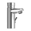 A modern bathroom faucet with chrome finish.