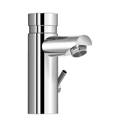 A modern bathroom faucet with chrome finish.