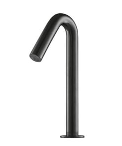 A modern bathroom faucet with black mat finish.