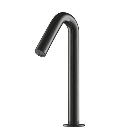 A modern bathroom faucet with black mat finish.