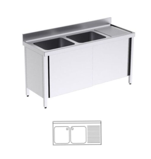 Gewerbespüle, mit Untergestell und Schiebetüren, 1.600x700x850/920