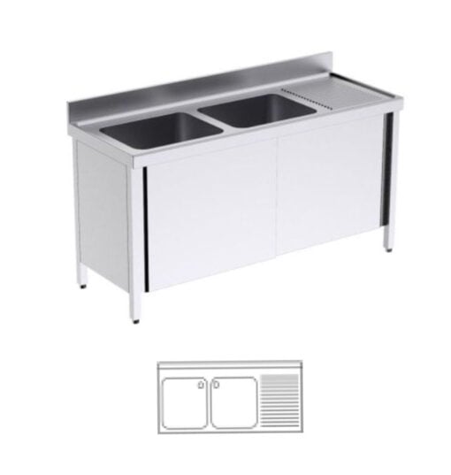Gewerbespüle, mit Untergestell und Schiebetüren, 2.000x700x850/920
