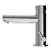 A modern bathroom faucet with chrome finish.