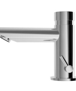 A modern bathroom faucet with chrome finish.
