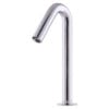 A modern bathroom faucet with chrome finish.