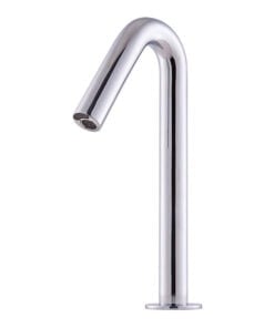 A modern bathroom faucet with chrome finish.