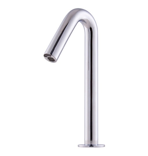 A modern bathroom faucet with chrome finish.
