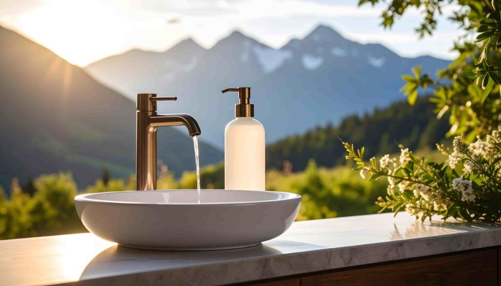 Modern washbasin with outdoor tap - ideal washbasin height with mountain panorama