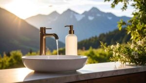 Modernes Waschbecken mit Armatur im Freien – ideale Waschbecken Höhe mit Bergpanorama
