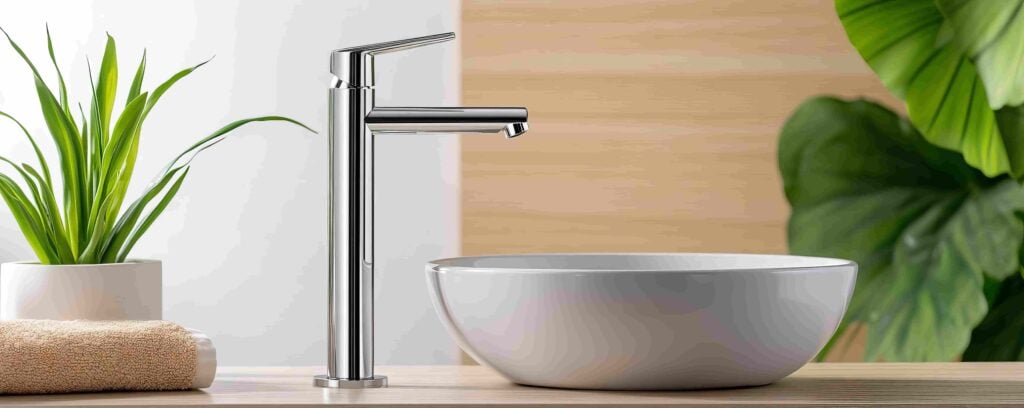 Lavabo moderne avec hauteur adaptée, vasque en céramique et robinetterie, encadré de plantes