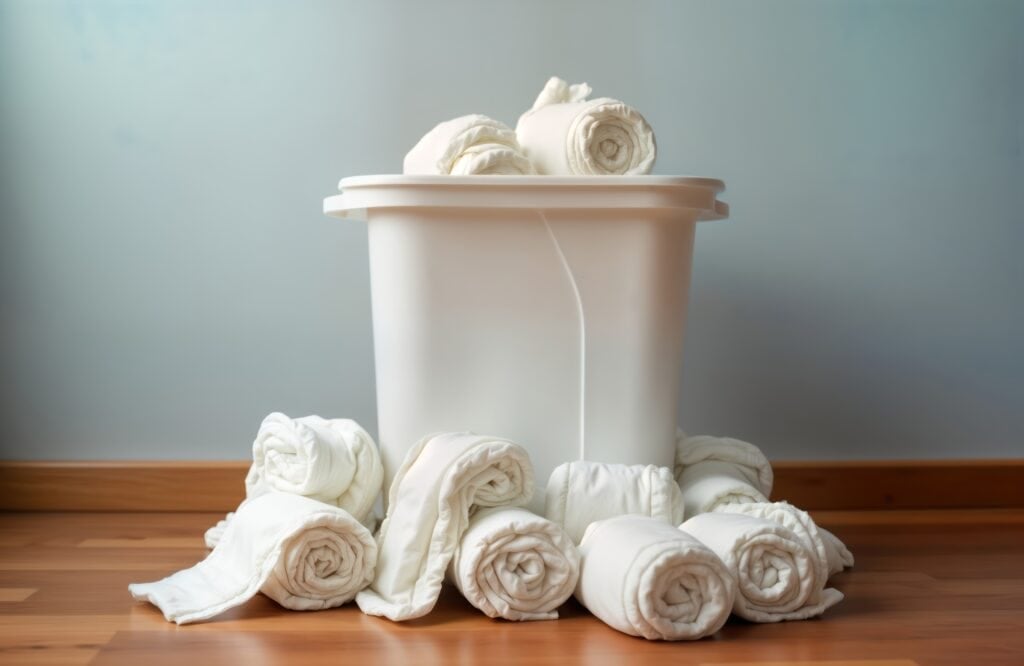 Secchio per pannolini bianco con pannolini di stoffa arrotolati su una base di legno - ideale per il test del secchio per pannolini